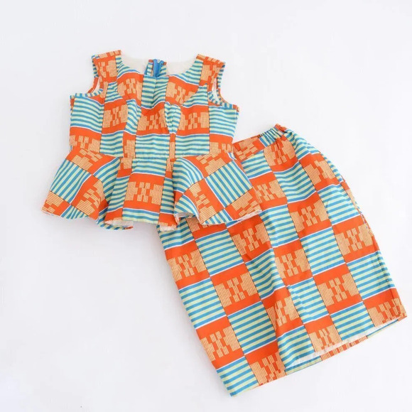 Handmade Orange and Blue Matching Peplum Sleeve  Shirt & Pencil Skirt Set - Picture 1 of 16